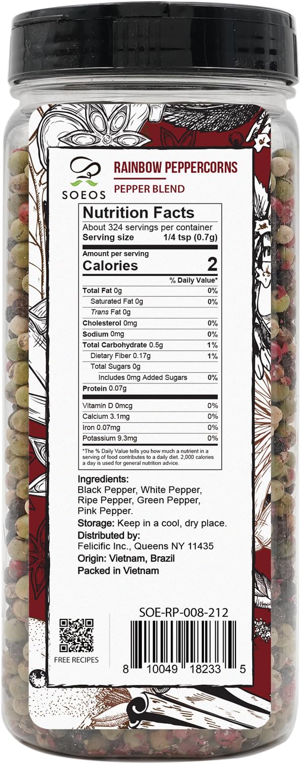 Soeos Rainbow Peppercorns, 8Oz (Pack Of 1), Non-Gmo, Kosher, Packed To Keep Peppers Fresh, Peppercorn For Grinder Refill, Whole Peppercorns