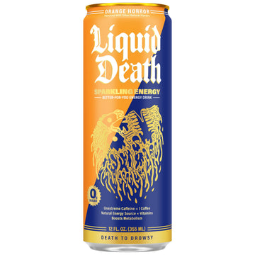 Liquid Death Sparkling Energy - Orange Horror (Orange and Cream Flavor) Sugar-Free Energy Drink Unextreme Caffeine 100mg B Vitamins 12 Fl Oz (Pack of 12)