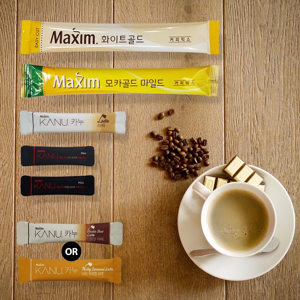 Cutie Mango Maxim & Kanu Premium Korean Instant Coffee Sampler White, Mocha Gold, Americano, Latte Caf -Style Camping Party Eas