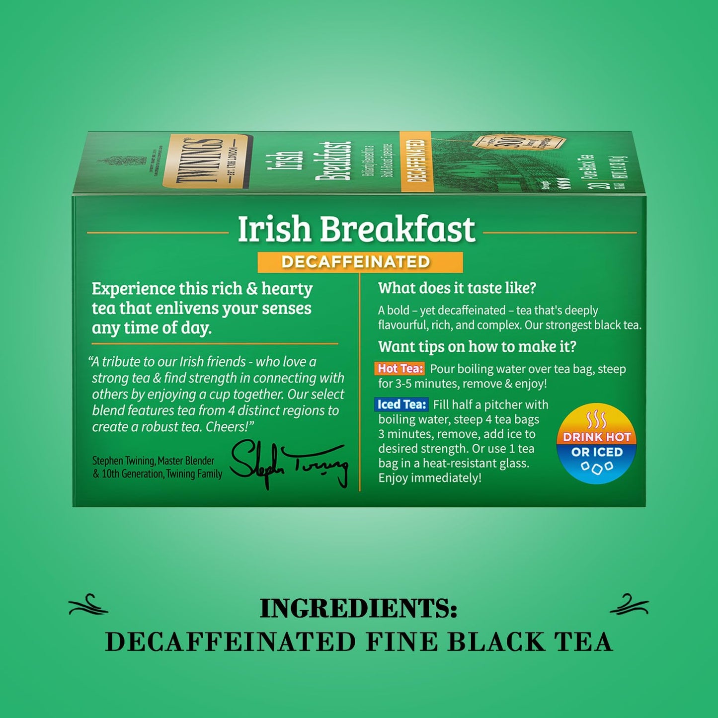 Twinings Decaffeinated Irish Breakfast Black Tea, 20 Individually Wrapped Teabags, Robust Flavor, 20 Count, Model 455834-05306