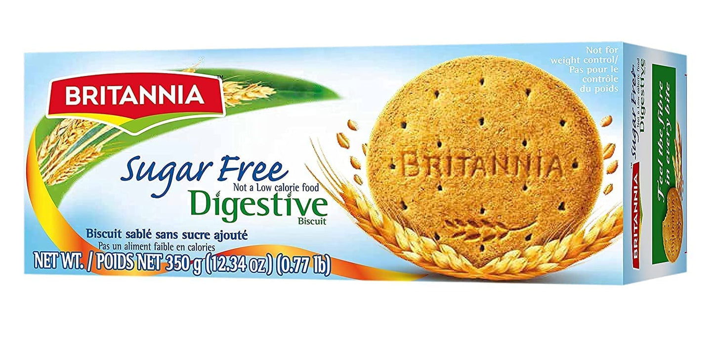 Britannia Digestive Sugar Free Biscuits 12.34Oz (350G) - Whole Wheat Flavor Cookies - Breakfast & Tea Time Healthy Snacks (Pack
