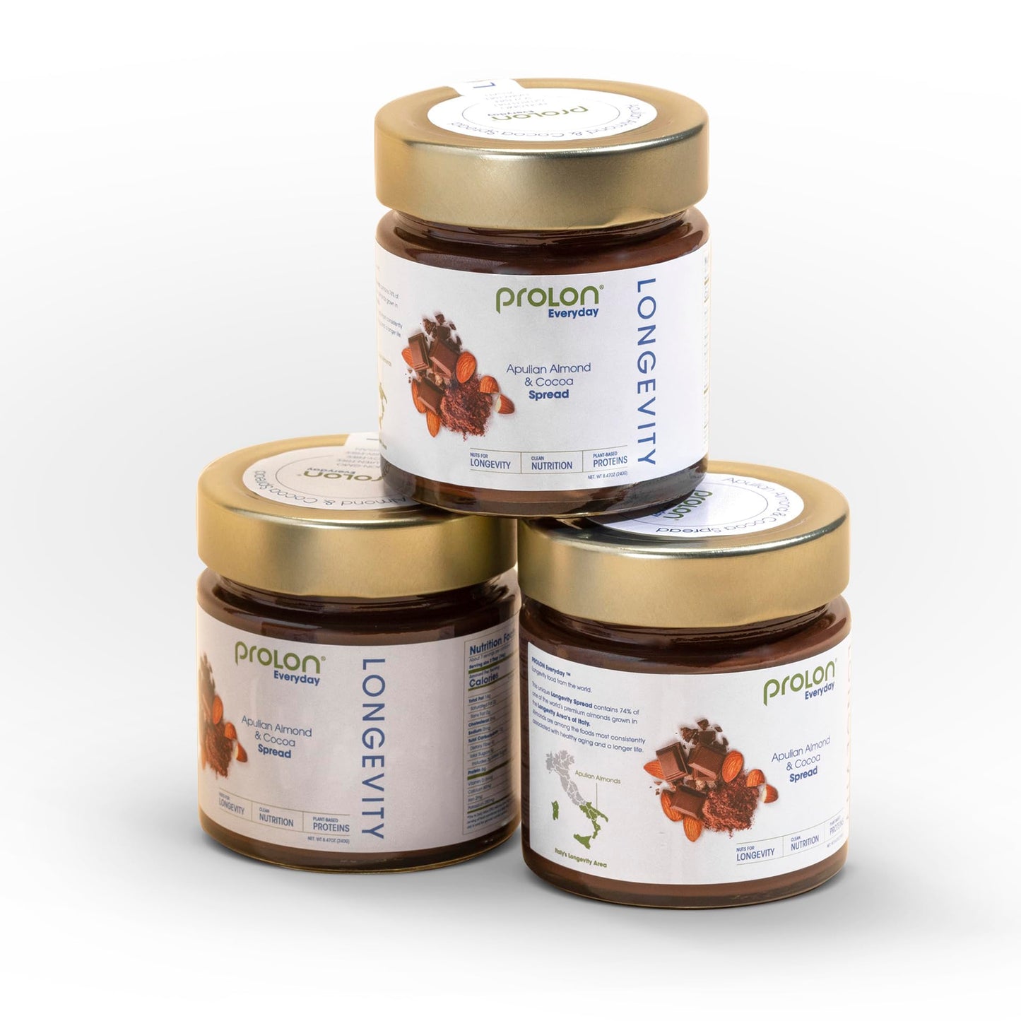 Prolon L-Spread Almond Chocolate Spread | Healthy Low Sugar Keto Snack | Magnesium, Vitamin E, Fiber, Calcium | Gluten-Free, Vegan, Dairy-Free | Plant-Based W/Cane Sugar, & Healthy Fats, 3 Jars