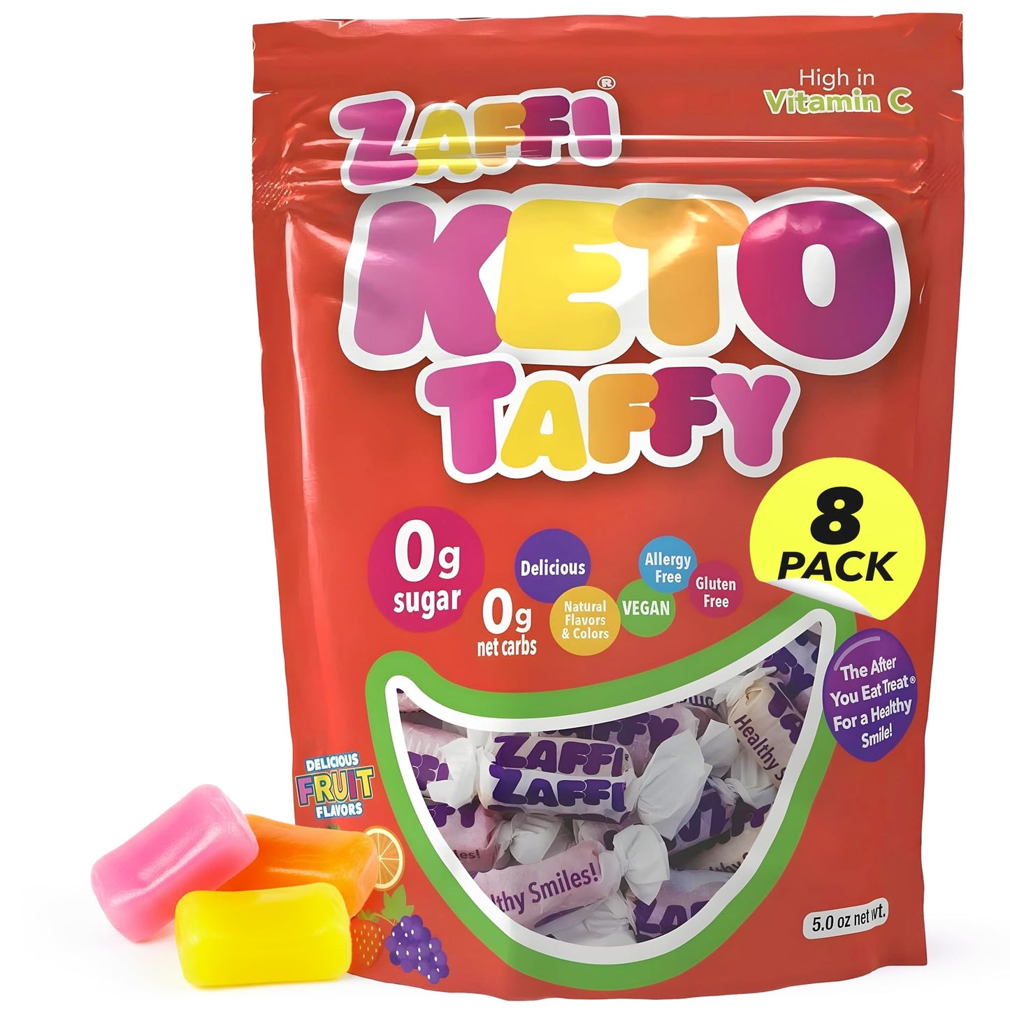 Zaffi Keto Taffy Sugar Free Candy - Dye Free, Keto & Diabetic-Friendly, Dentist-Approved Treats for Kids (Natural Fruit Flavor,