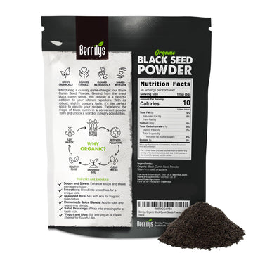Berrilys Organic Black Seed Powder - Nigella Sativa, Ground Kalonji, Black Cumin for Baking, Bread Making, Cooking, Smoothies, C