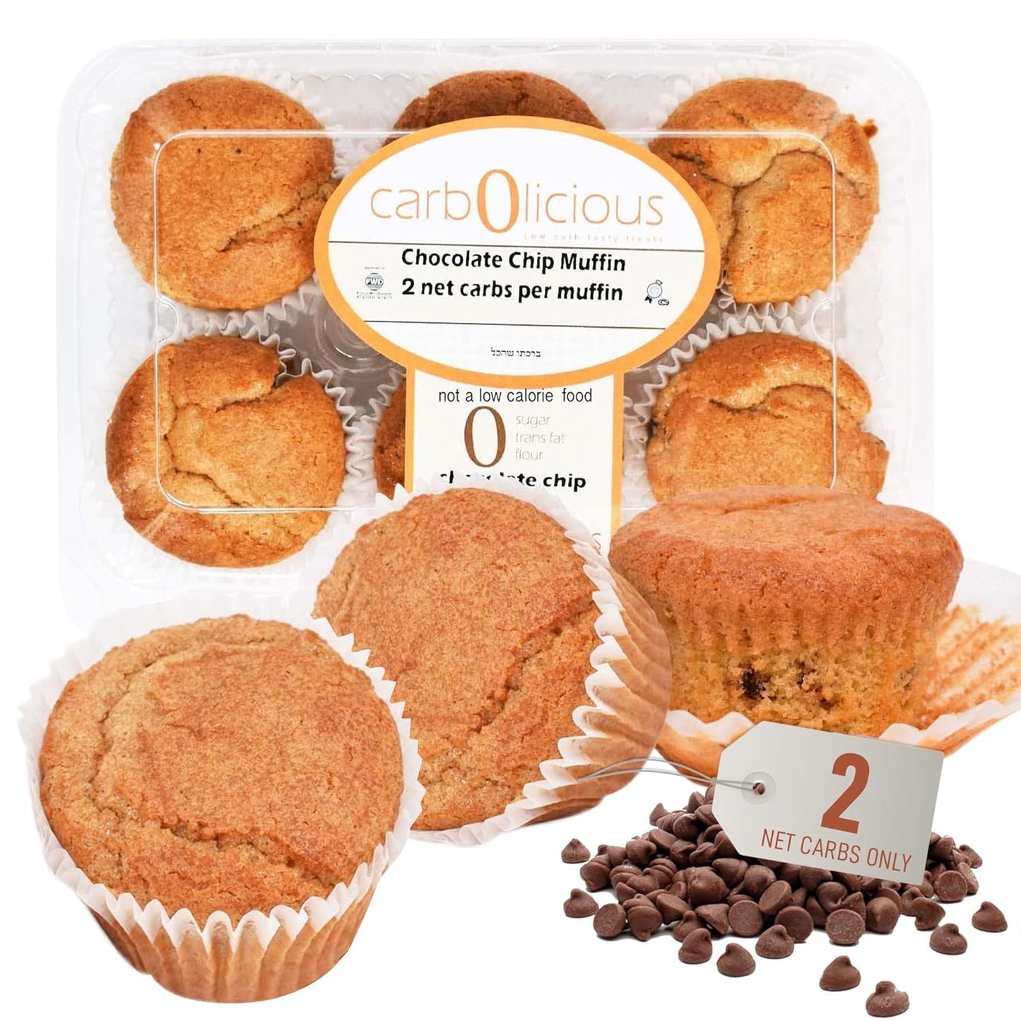 Low Carb Chocolate Chip Muffins 12 Pcs (2 Pack) By Carb-O-Licious - Delicious Keto Mini Muffins Only 2 Net Carbs 9G Protein - Sugar Free Cupcake Style Healthy Snack Made Almond Flour Low-Carb Treat