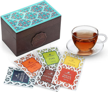 Octavius Assorted Tea Gift Set | 6 Assorted Black & Green Teas | 30 Teabags | Wooden Tea Sampler Pack W/Ornate Floral Design | Pack Of 2
