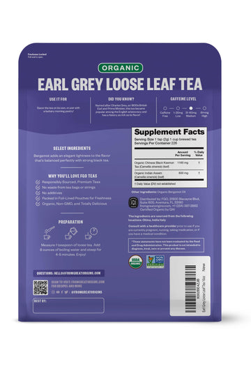 FGO Organic Earl Grey Loose Leaf Tea, 16oz Resealable Kraft Bag, Pack of 1