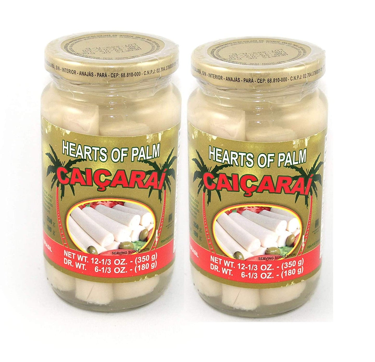 Caiara   - Hearts of Palm in a Glass Jar - Net Weight 12.34oz - Content 6.34fl oz (PACK OF 02) | Palmito em Jarra de Vidro -Peso