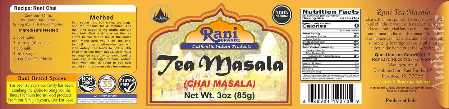 Rani Tea (Chai) Masala Indian Spice Blend 3Oz (85G) Pet Jar ~ All Natural | Vegan | Gluten Friendly | Salt & Sugar Free | Non-Gm