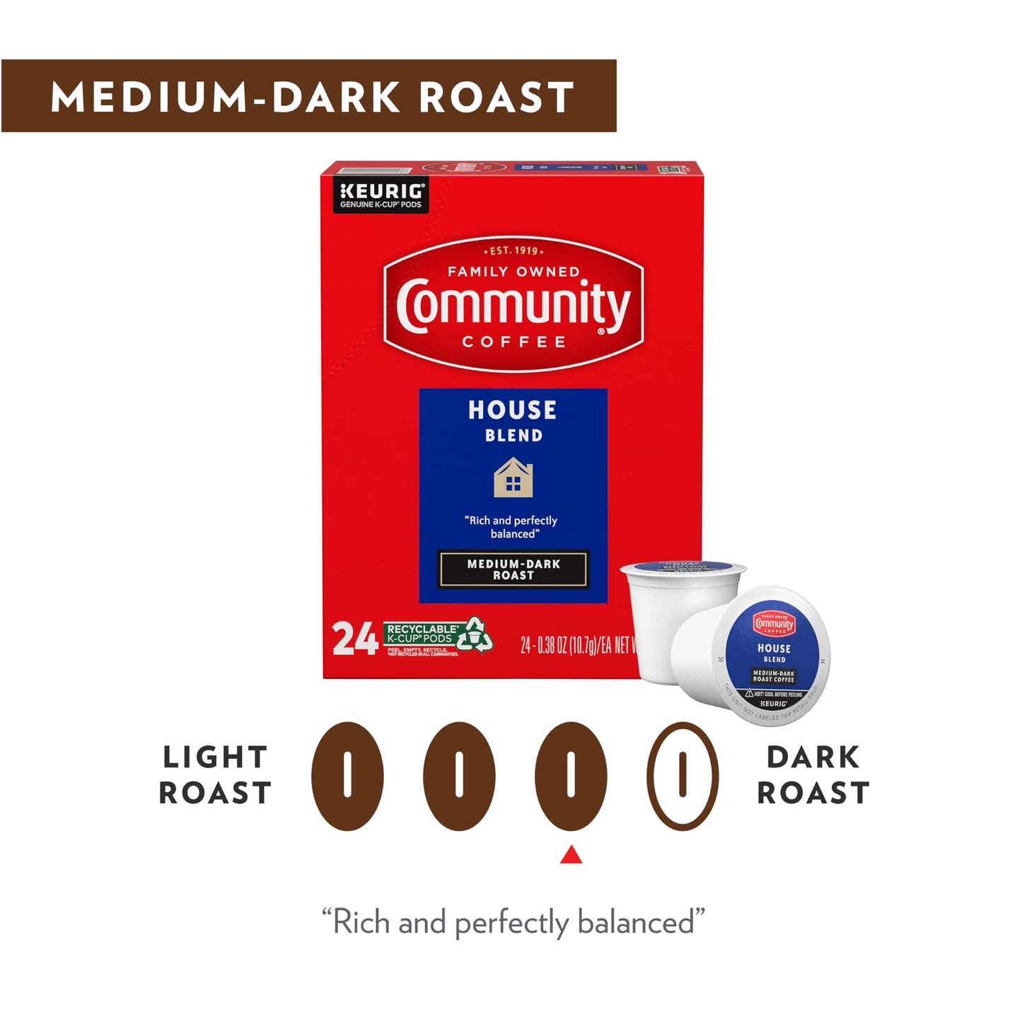 Community Coffee House Blend Coffee Pods, Medium Dark Roast, Compatible with Keurig 2.0, 24 Count