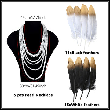 Jevenis 41 Pcs Gorgeous Black And Gold Dipped Feather Black Feathers White Pearl Bead Necklaces For 1920'S Wedding Cake Decorati