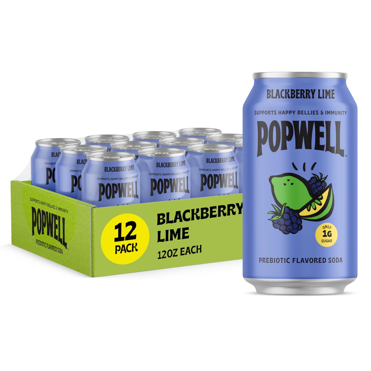 Popwell Blackberry Lime Prebiotic Soda, 12 Fl Oz Cans, 6g Fiber, 1g Sugar, Pack of 12