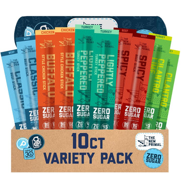 New Primal Meat Sticks Sampler, Grass-Fed Beef, All Natural Chicken and Turkey, Keto & Gluten Free Healthy Snacks for Adults, Su