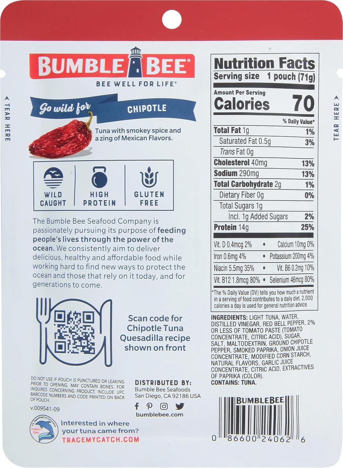 Bumble Bee Chipotle Seasoned Tuna Pouch - 2.5 oz - Ready to Eat, Wild Caught, 14g Protein, Gluten Free