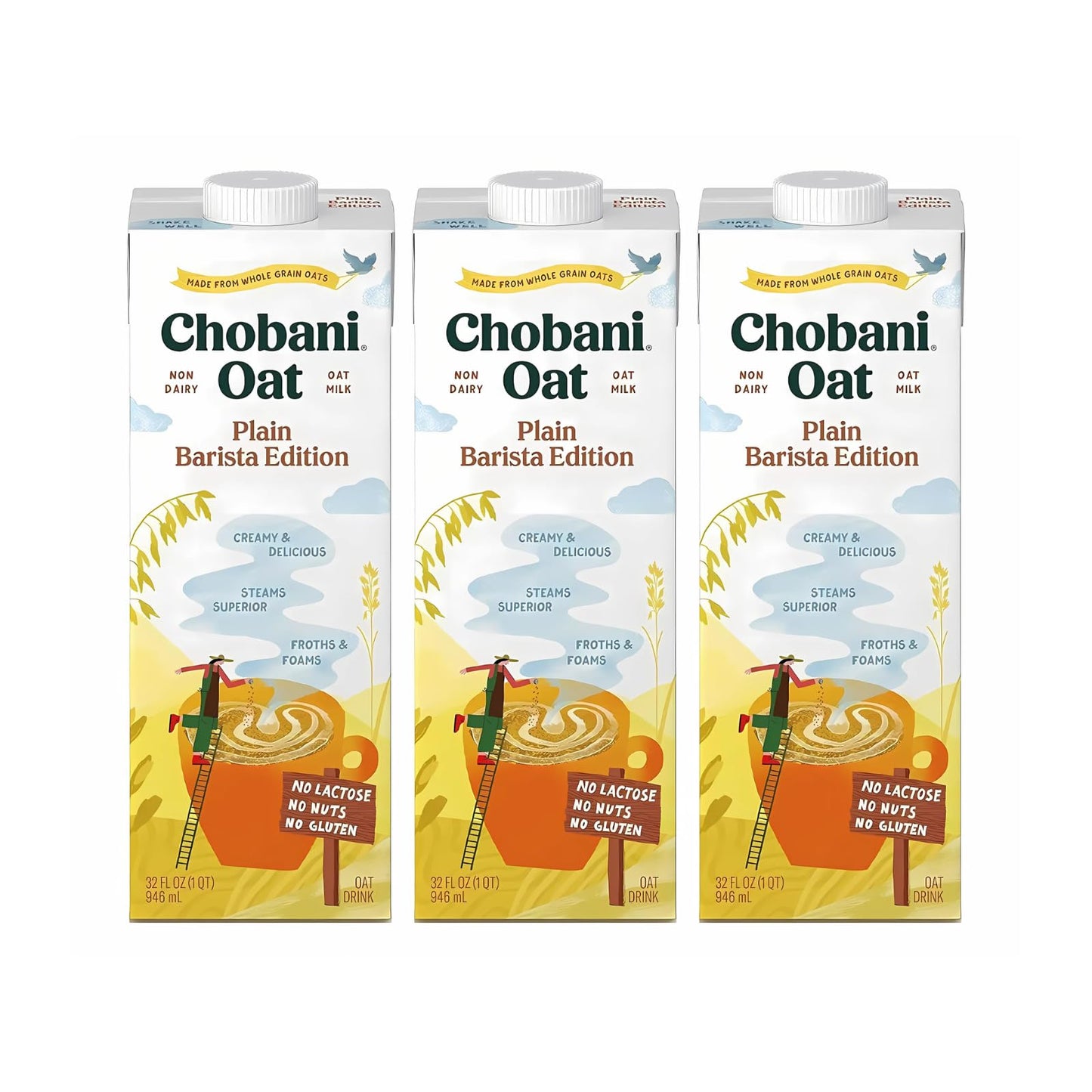 Chobani Oat Milk, Plain Oat Barista Edition, Shelf Stable Non Dairy Milk, Creamer, Vegan Friendly, Gluten-Free, 32 FL OZ (Pack-3