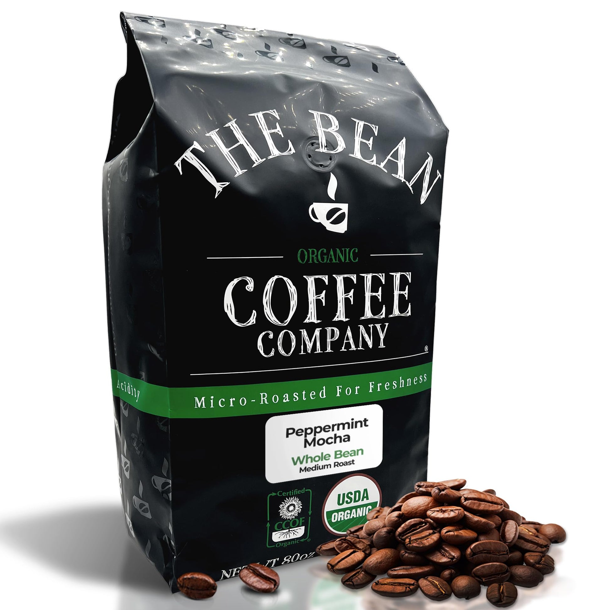 The Bean Organic Coffee Company Peppermint Mocha, Medium Roast, Whole Bean Coffee, 80 Ounce Bag