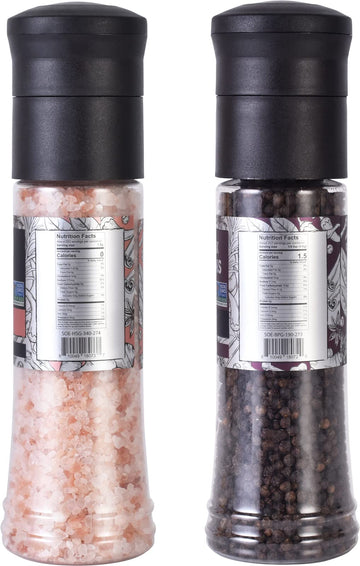 Soeos Whole Black Peppercorns, 6.7oz (190g) and Himalayan Pink Salt, 13.4oz (380g), Plastic Bottle Grinder with Spice Grinder wi