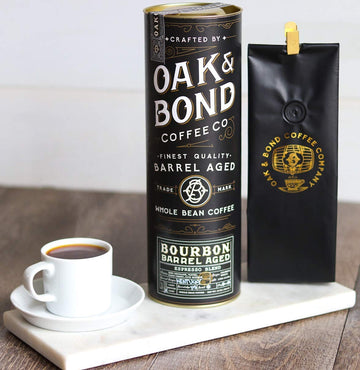 OAK & BOND Espresso spirit-inspired flavor Barrel Aged Coffee, Whole Bean Arabica, Dark Roast, 10oz, Black