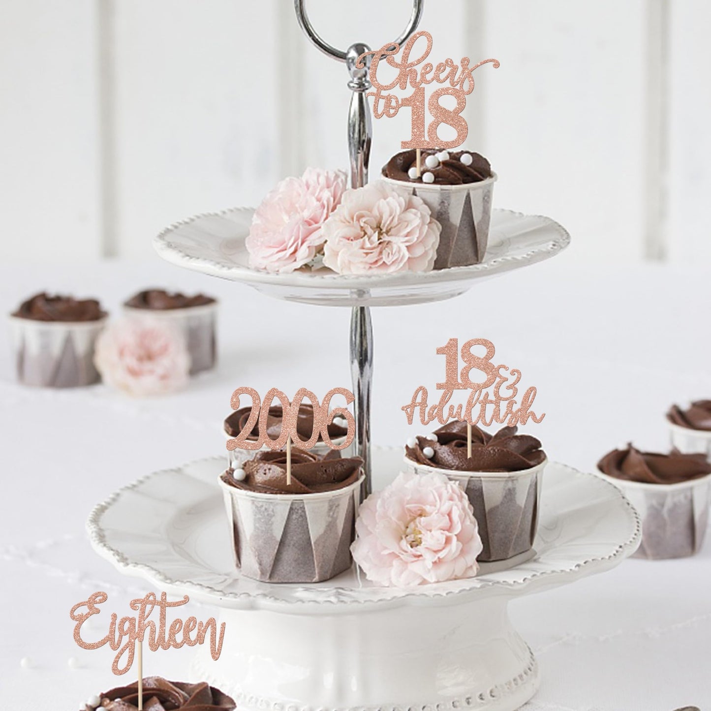 YCTHUNFISH 24 Pack 18th Birthday Cupcake Toppers Glitter Rose Gold Decorations for Happy 18th Birthday Party Supplies