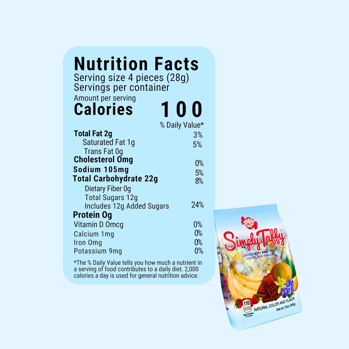 Simply Taffy Soft & Chewy Gourmet Taffy Made With Real Fruit Puree 12-Oz Bulk 2 Pack Mango, Banana, Raspberry, Blueberry, Chocol