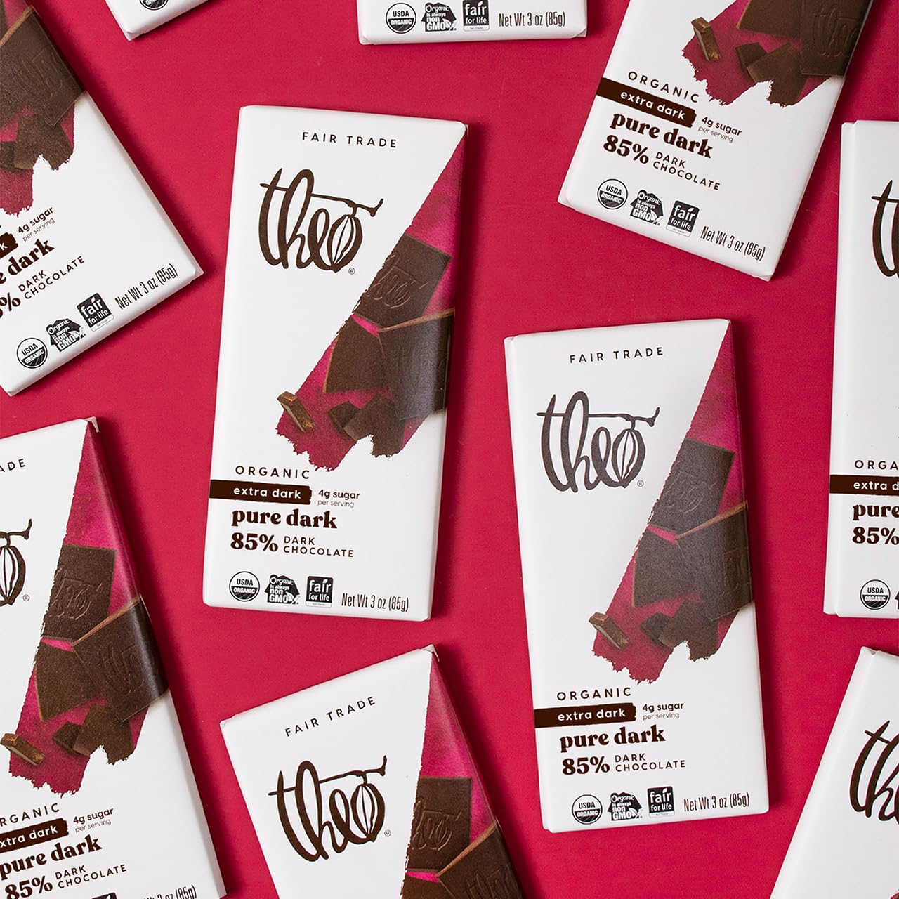 Theo Chocolate Pure Organic Dark Chocolate Bar 85% Cacao, 6 Pack | Vegan, Fair Trade