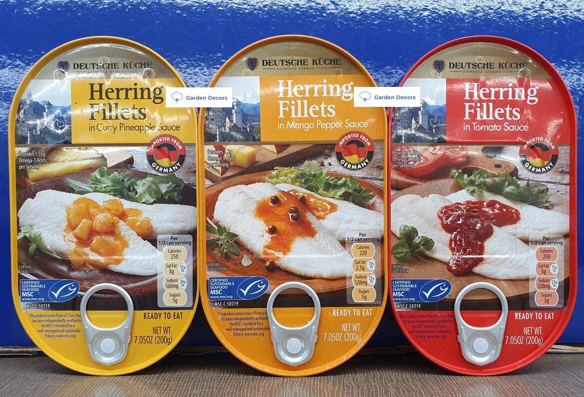 Deutsche Kuche Herring Fillets in Curry Pineapple Sauce, in Mango Pepper Sauce, and in Tomato Sauce 7.05oz 200g (3 Cans)
