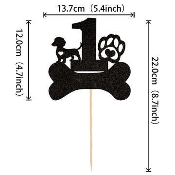 1 Pcs 1St Birthday Cake Topper Black Glitter Dog Paw One Year Old Birthday Puppy Dog Bone Cake Pick For Let'S Pawty Baby Shower