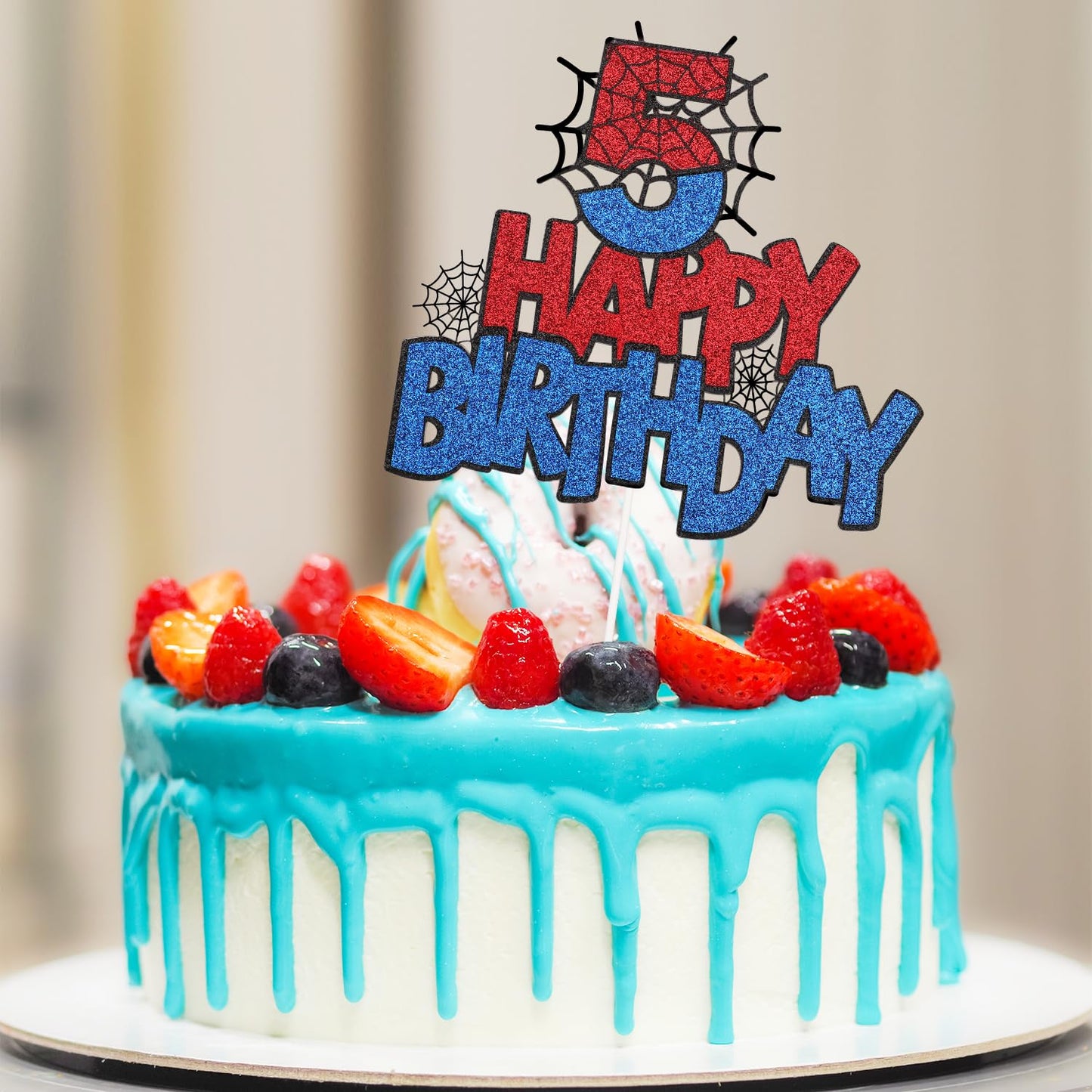Spider Birthday Cake Topper, Double-Sided Spider Cake Topper Decorations Birthday Cakes Decorations For Boys Girls(Number 5)