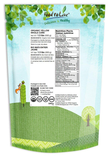 Food to Live Organic Yellow Whole Corn, 1.5 Pounds - Non-GMO Maize, Cleaned and Dried Kernels, Vegan, Kosher, Bulk Cereal Grain,
