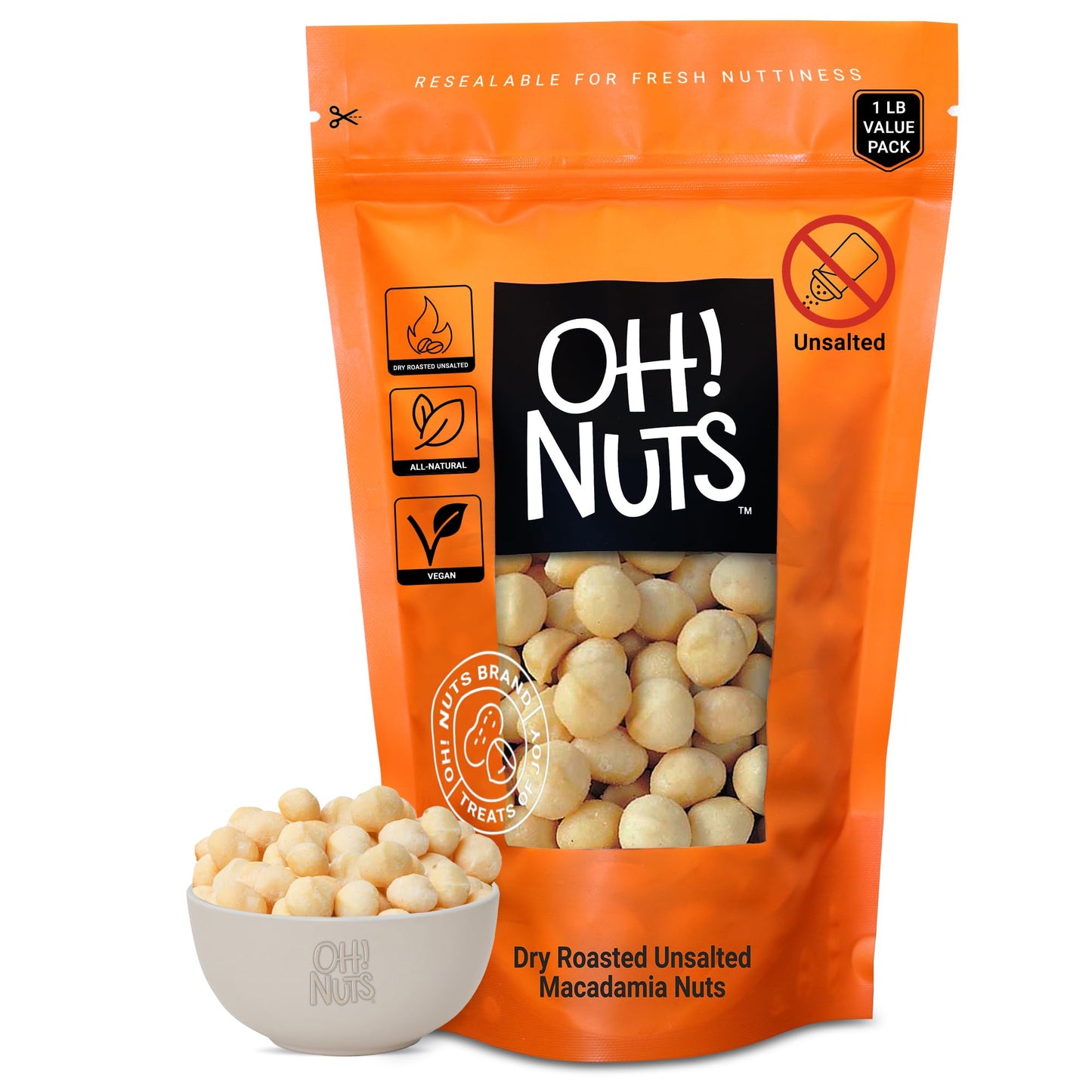 Oh! Nuts Macadamia Nuts - 1 lb - Dry Roasted Unsalted Macadamia Nuts - Oven Roasted - No Oil - Packed in New York Zip-Seal Bag for Exceptional Freshness