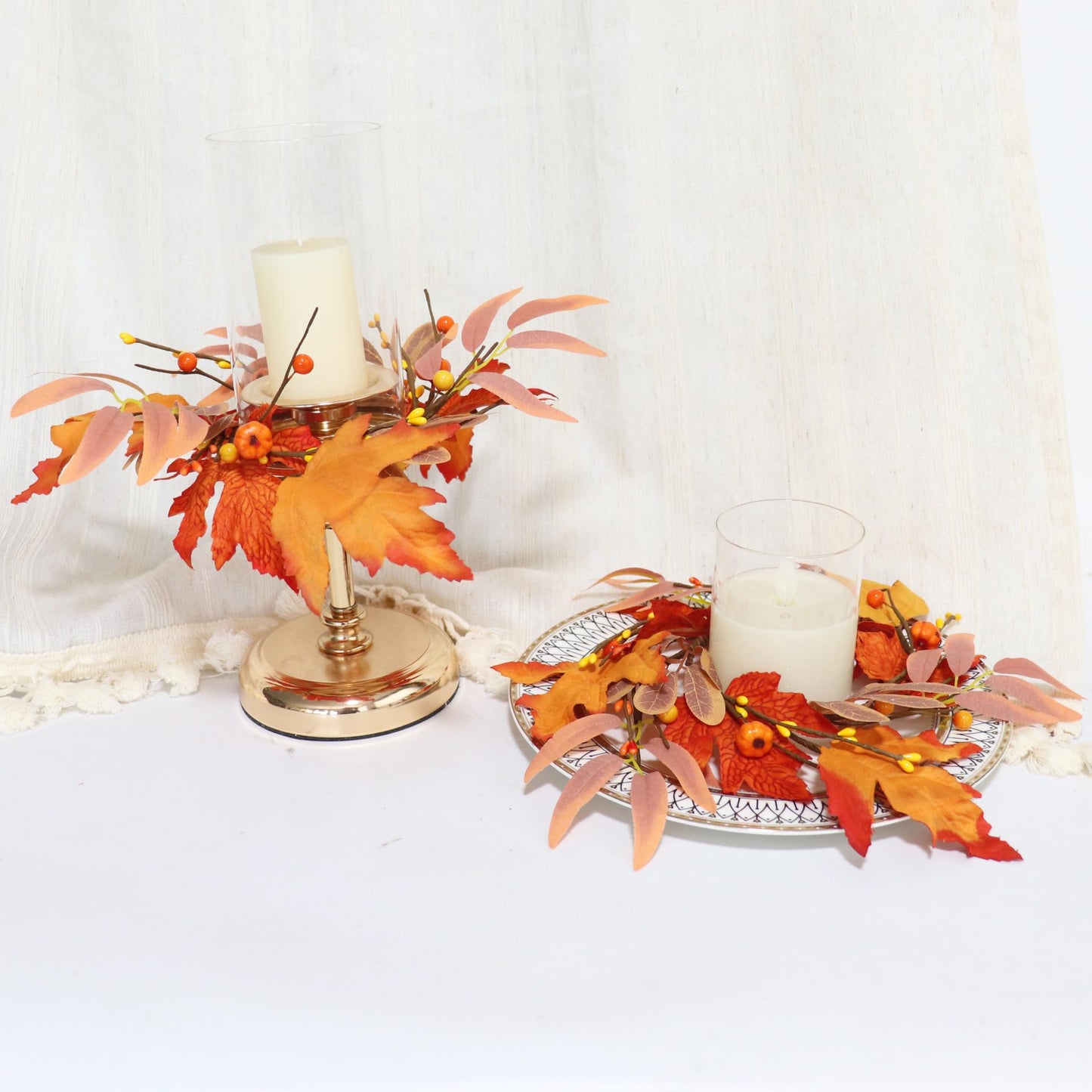 napmedon 2 Pieces Pumpkins Candle Rings Wreaths Mini Autumn Decoration 10inch Orange Silk DTM0096-2pc