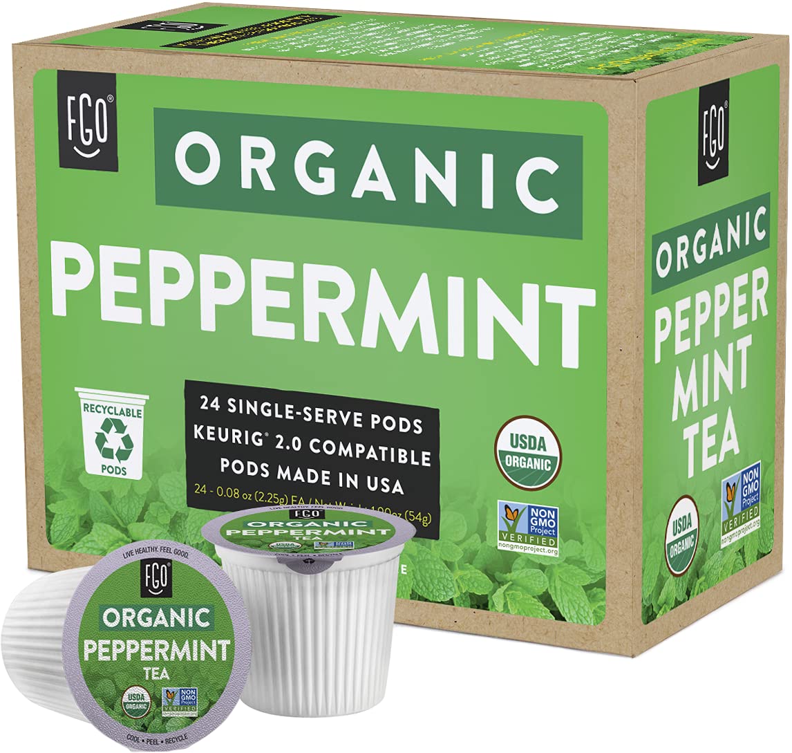 FGO Organic Peppermint Tea K-Cup Pods - Caffeine-Free, Keurig Compatible, 24 Count (Pack of 1)
