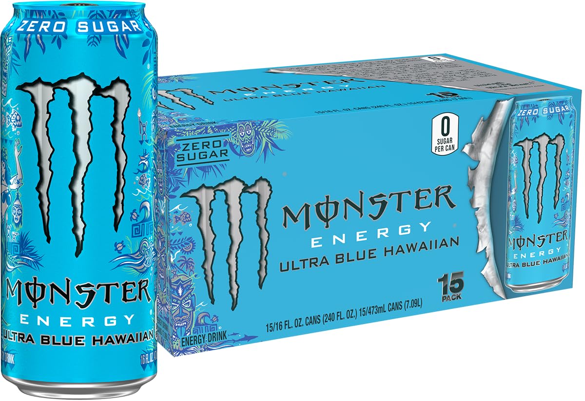 Monster Energy Ultra Blue Hawaiian Sugar Free Energy Drink, 16 Ounce, Pack of 15