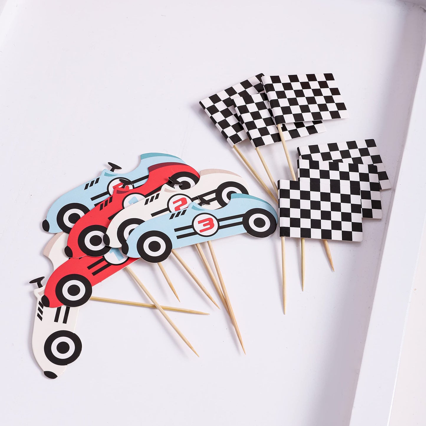 12Pcs Vintage Racing Checkered Flag Cupcake Toppers Racing Themed Birthday Party Or Baby Shower Cupcake Toppers, Buggy Party Dec