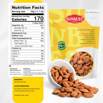 Sunbest Natural - Whole Raw Almonds, Unroasted & Unsalted Nuts For Cooking & Baking Nuts & Seeds On-The-Go, Non-Gmo & Kosher Almond Nuts Bulk In Resealable Bag, 3 Lbs