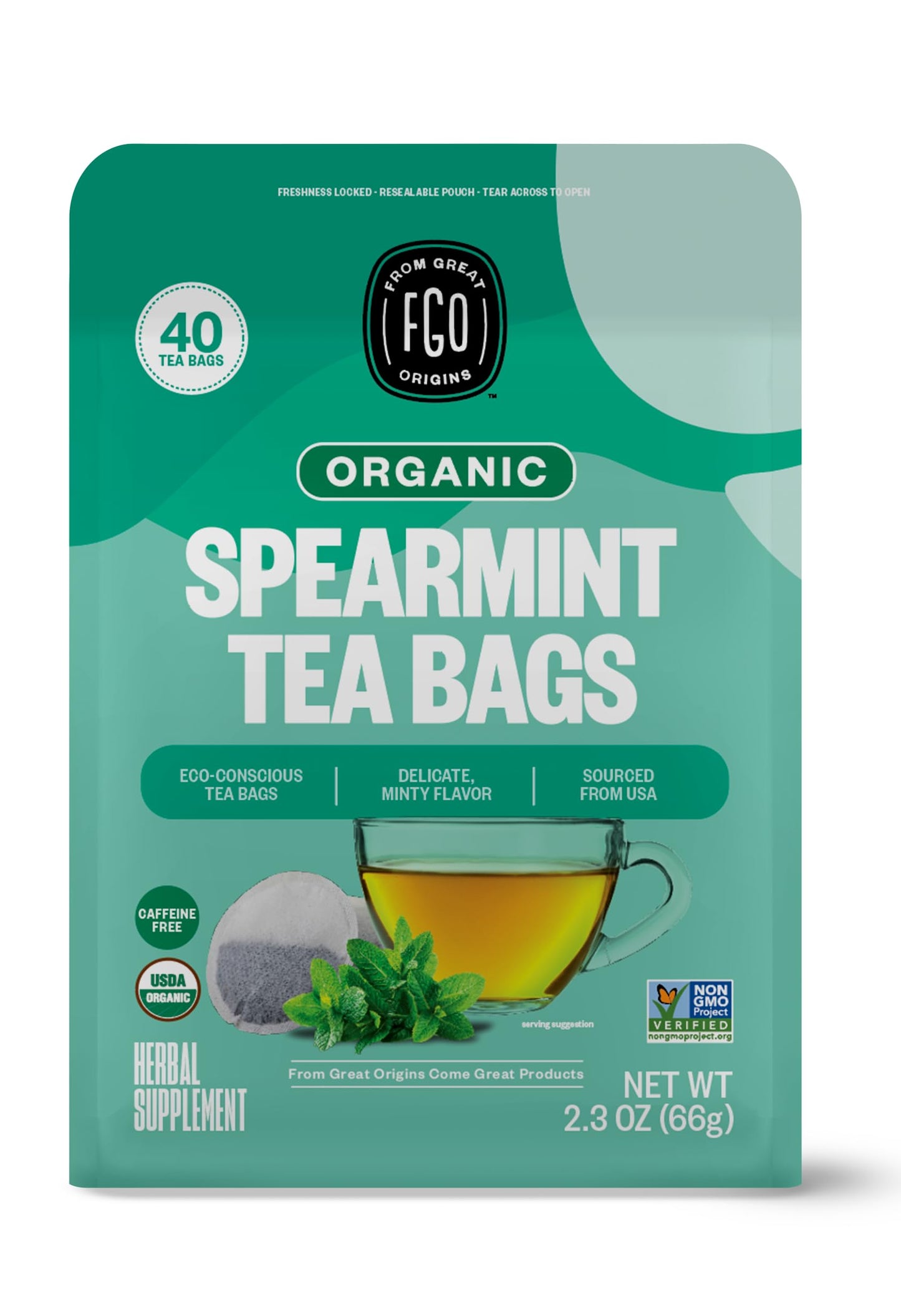 Fgo Organic Spearmint Leaf Herbal Tea 40 Count Eco-Conscious Tea Bags Energy Blend Free (Pack Of 1)
