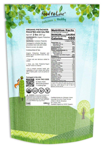 Food To Live Organic Pistachios, 2 Pounds In Shell, Dry Roasted With Sea Salt, Non-Gmo, Kosher, Vegan, Bulk