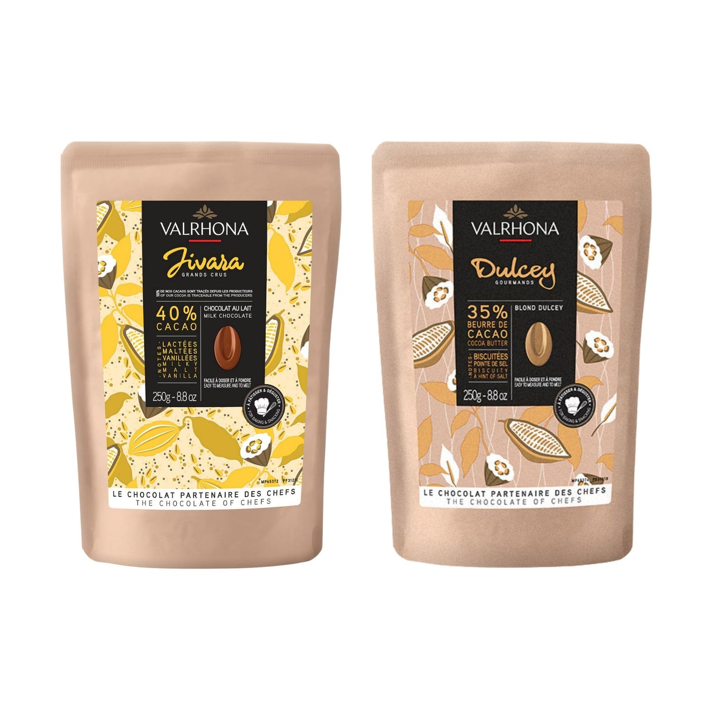 Valrhona Top-Grade Baking Chocolate Discs (Feves) Milk Jivara 40% With Hints Of Vanilla And Malt And Creamy Blonde Chocolate Dulcey 35% With Caramel Cookie Flavor Notes For Cookies Cakes And More