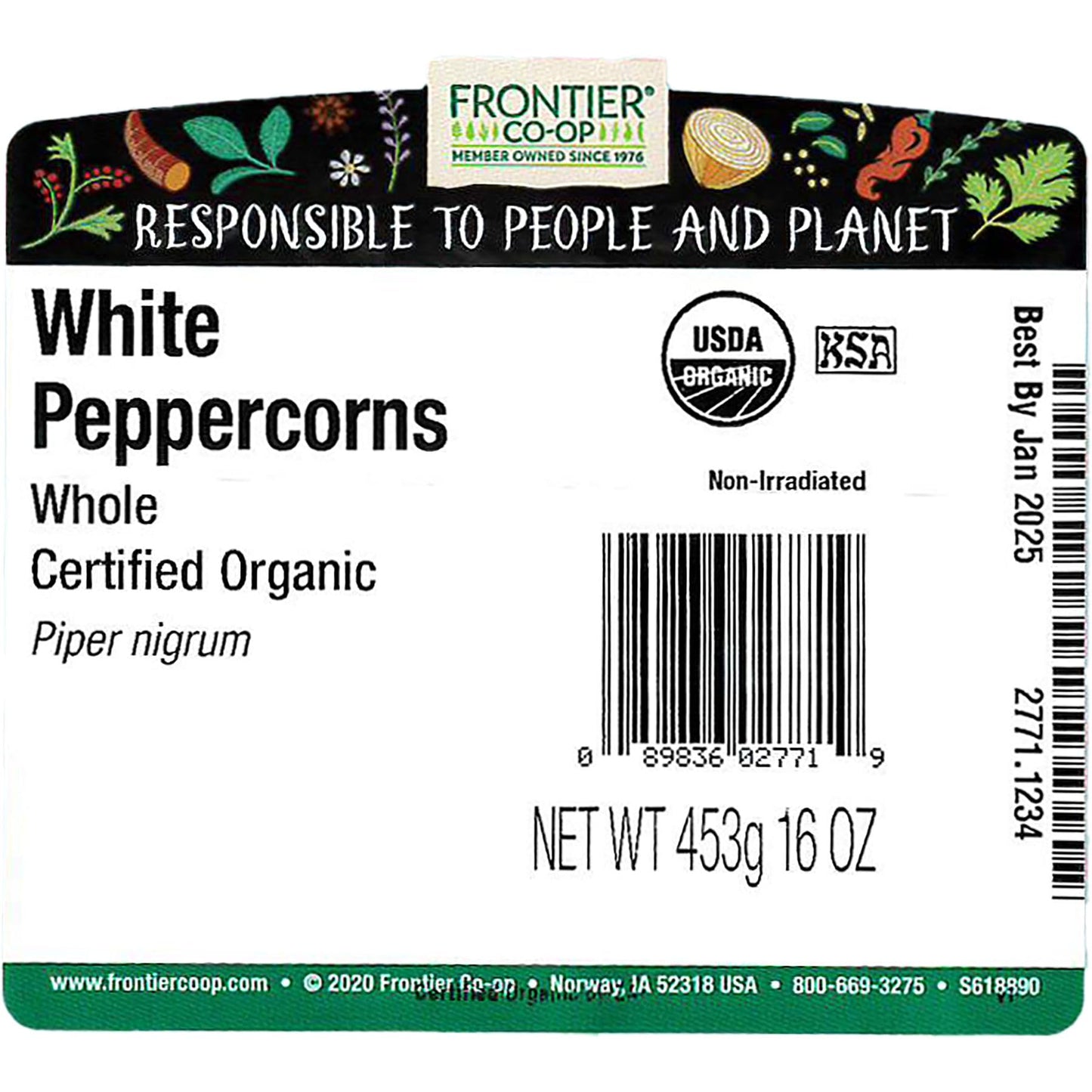 Frontier Co-Op Organic Whole White Peppercorns 1Lb