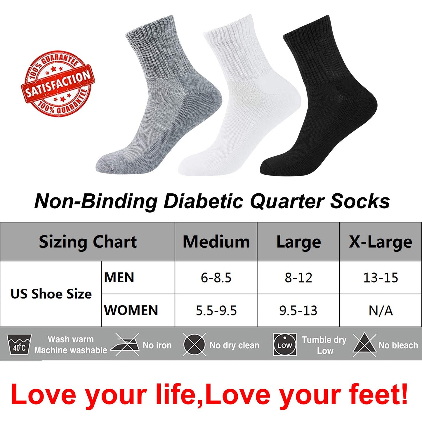 Well Knitting Diabetic Socks For Men & Women Non-Binding Top Crew Socks Quarter Socks 4 Pairs (White, Xl)
