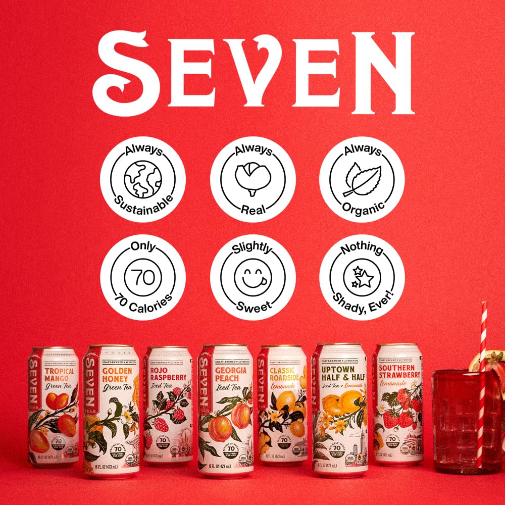 Seven Teas Red Raspberry Iced Tea, Lightly Sweetened, Pack of 12 Cans, 16 OZ