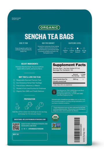 Fgo Organic Japanese Sencha Green Tea, Eco-Conscious Tea Bags, 100 Count, Packaging May Vary (Pack Of 1)
