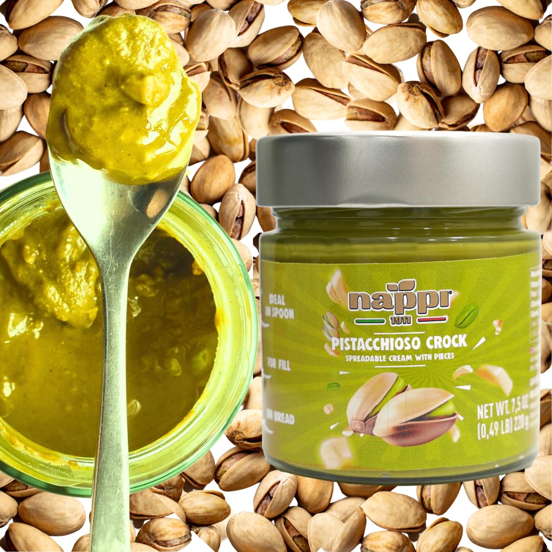 Crunchy Pistachio Butter, 7.5 oz, Sweet Spreadable Pistachio Cream with a crunch, Pistachio Paste, nut butter, Product of Italy.
