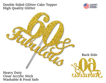 RokAPary 60th Birthday Cake Topper Gold Glitter, Sturdy Acrylic, Double-Sided Design, Made in USA