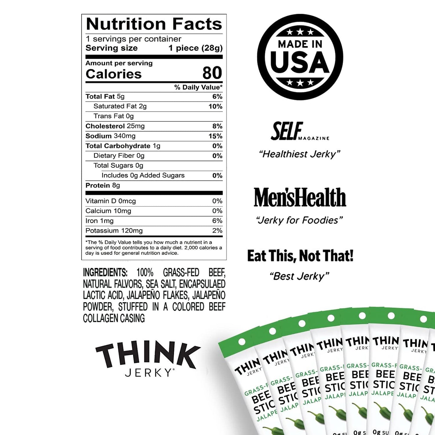 Think Jerky Jalapeno Beef Sticks, Sugar Free, Gluten Free, Keto Friendly, High Protein, Low Carb, 1 Ounce (Pack of 10)