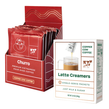 Copper Cow Coffee Premium Vietnamese Coffee: Single-Serve Churro Lattes (8 Lattes, Includes: 8 Churro Coffees & 8 Milk Creamers)