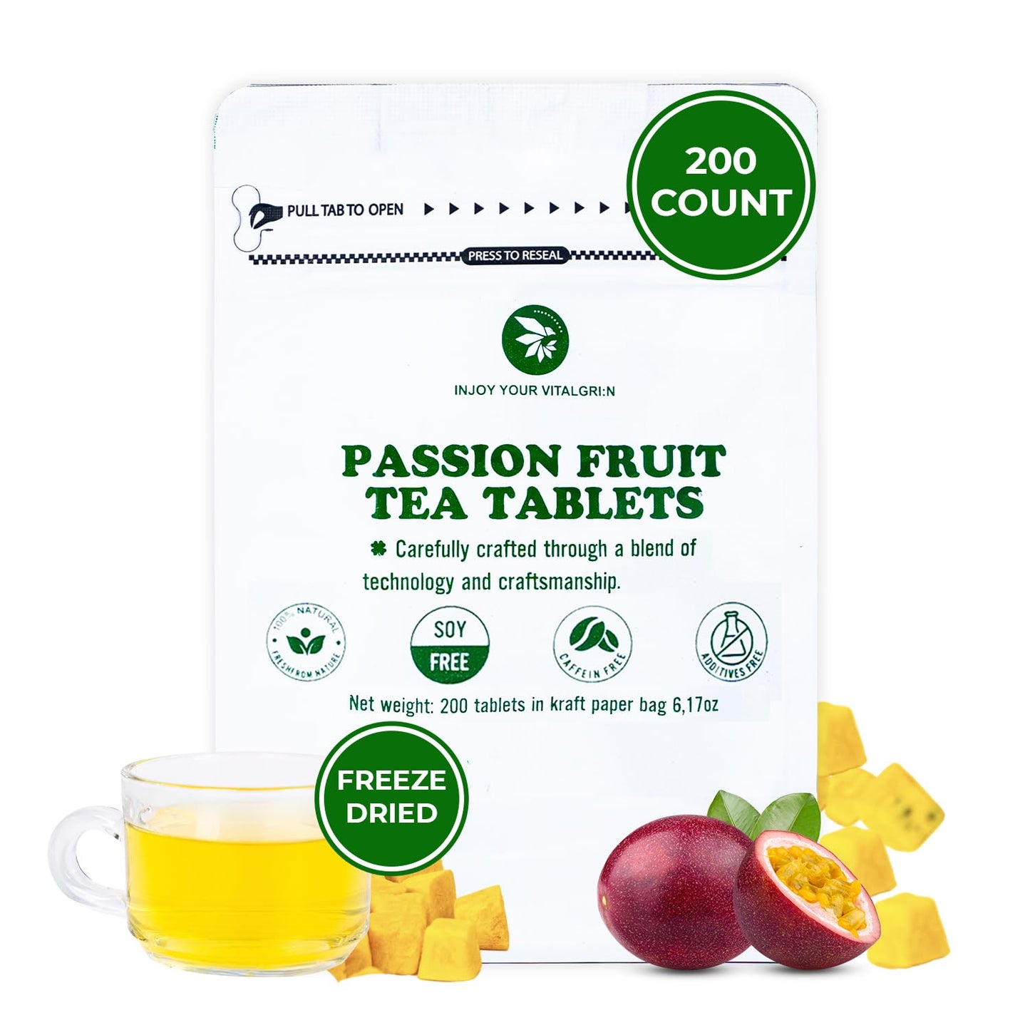 Freeze-Dried Passion Fruit Cubes For Tea & Snack 200 Count 6.17 Oz Vitamin & Fiber Support Vacuum Sealed With Zipper Bag Sweet & Sour No Sugar Added No Energy Blend