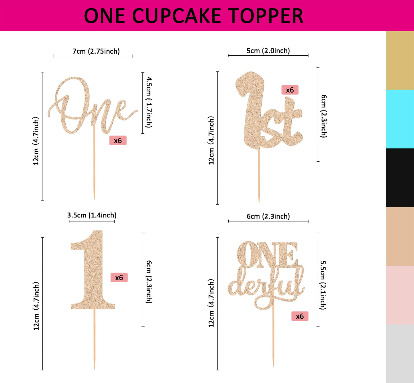 24Pack First Birthday Cupcake Topper - Glitter Rose Gold One Cupcake Picks,1St Birthday Cupcake Decorations Supplies (Rose Gold)