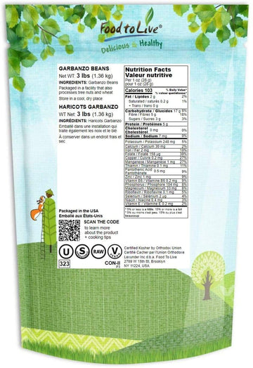 Food To Live - Garbanzo Beans, 3 Pounds Whole Dried Raw Chickpeas, Kosher, Vegan, Bulk, Sproutable, Low Sodium, Good Source Of Dietary Fiber, Protein, Iron, Folate, And Thiamin