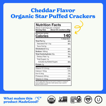 MadeGood Cheddar Star Puffed ers, Organic Snacks, 4.26oz Pouch, Pack of 1